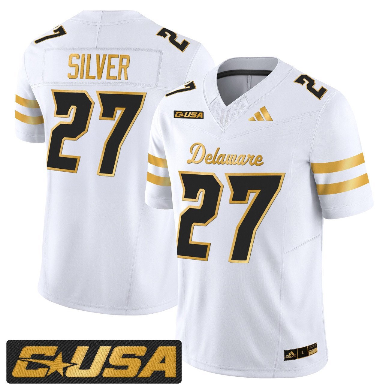 Jo Silver Jersey #27 Delaware Blue Hens 2025 Gold Vapor Stitched White Gold