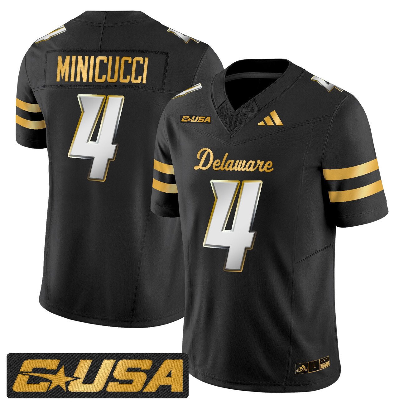 Nick Minicucci Jersey #4 Delaware Blue Hens 2025 Gold Vapor Stitched Black Limited