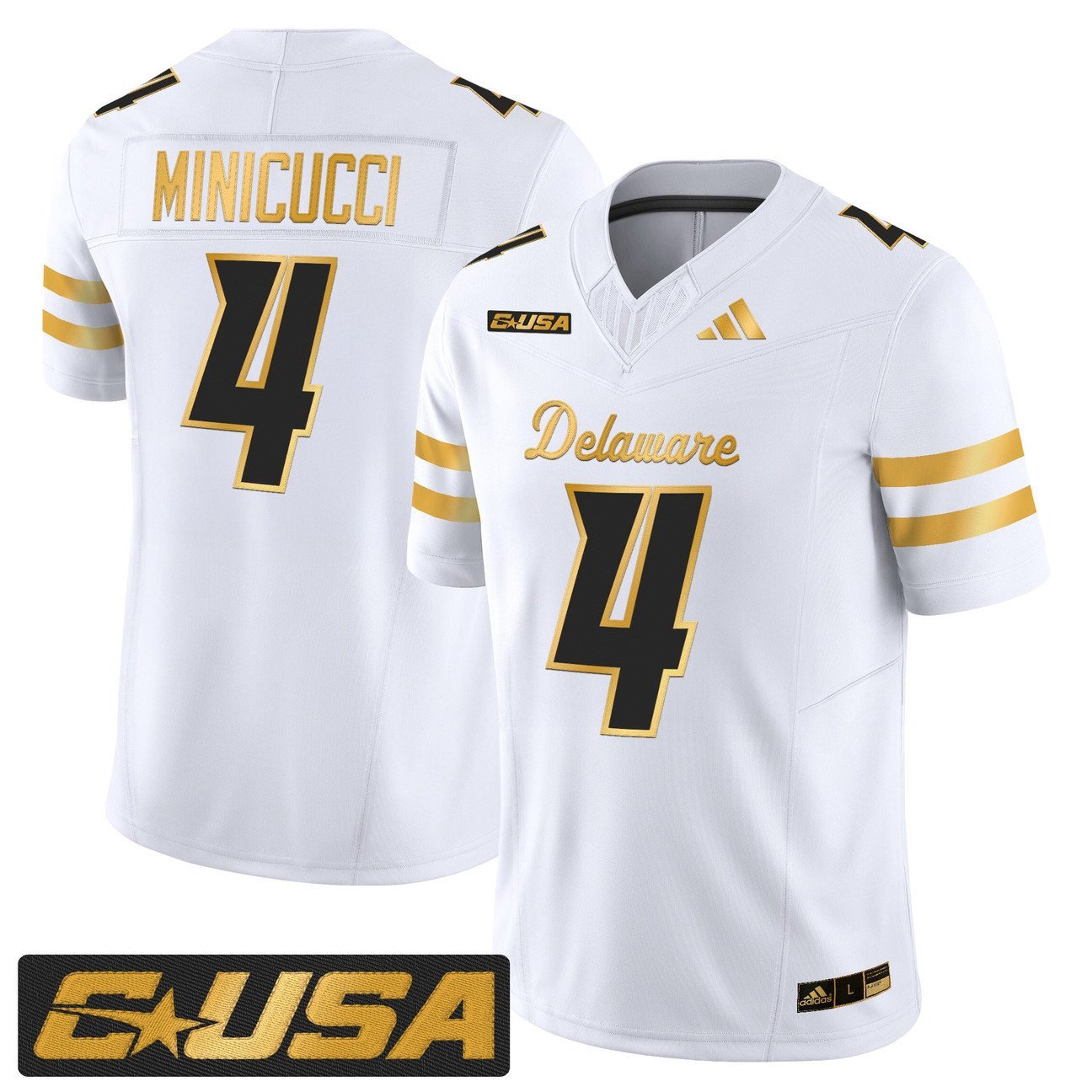 Nick Minicucci Jersey #4 Delaware Blue Hens 2025 Gold Vapor Stitched White Gold