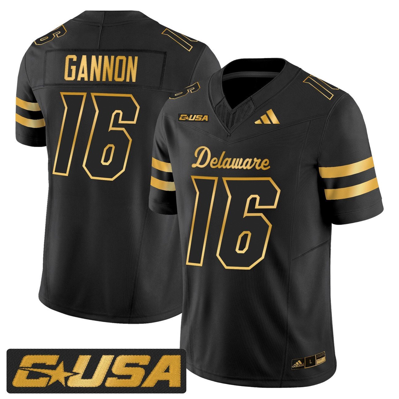 Rich Gannon Jersey #16 Delaware Blue Hens 2025 Gold Vapor Stitched Black Gold