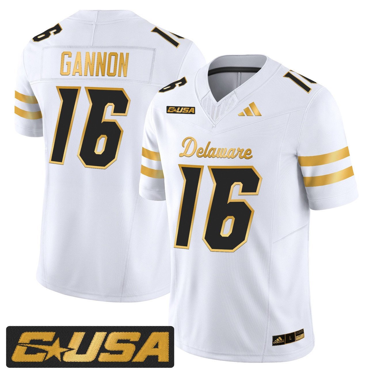 Rich Gannon Jersey #16 Delaware Blue Hens 2025 Gold Vapor Stitched White Gold