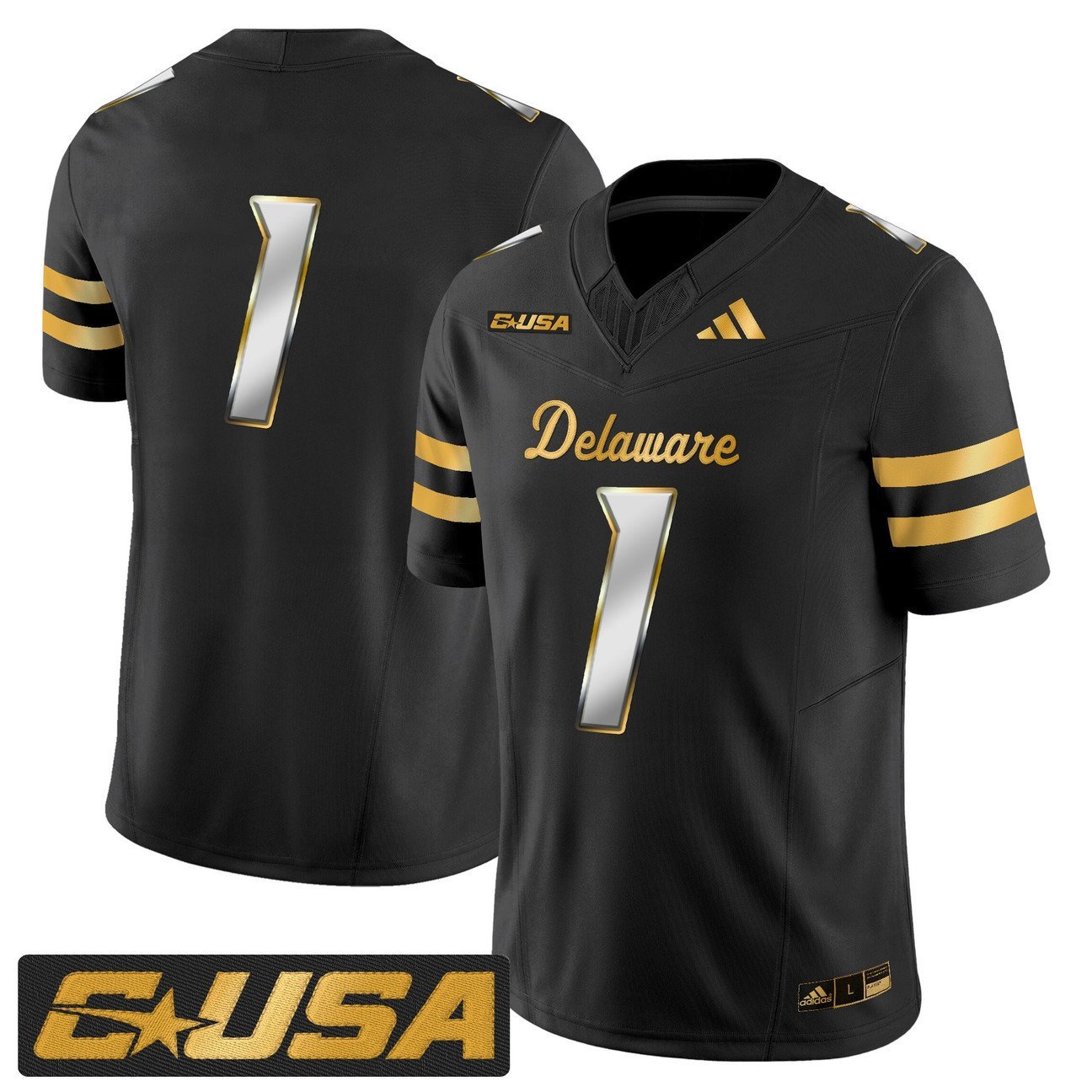 Team Jersey #1 Delaware Blue Hens 2025 Gold Vapor Limited Stitched Black Limited