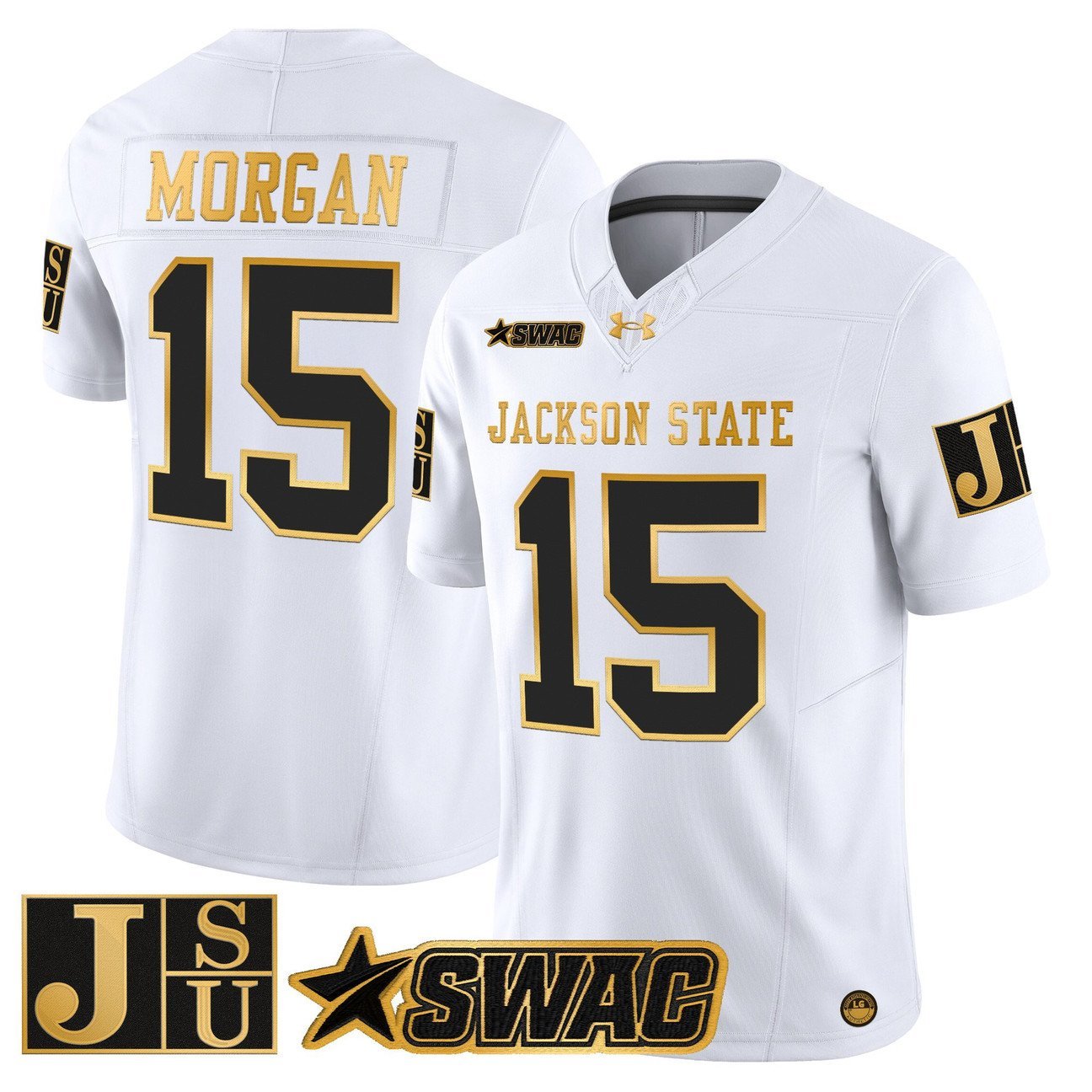 JaCobian Morgan Jersey #15 Jackson State Tigers 2025 Vapor Stitched White Gold