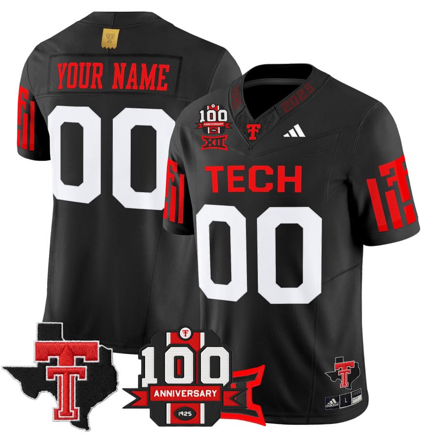 Custom Texas Tech Red Raiders Jersey 100th Anniversary Patch 2025 Stitched Black