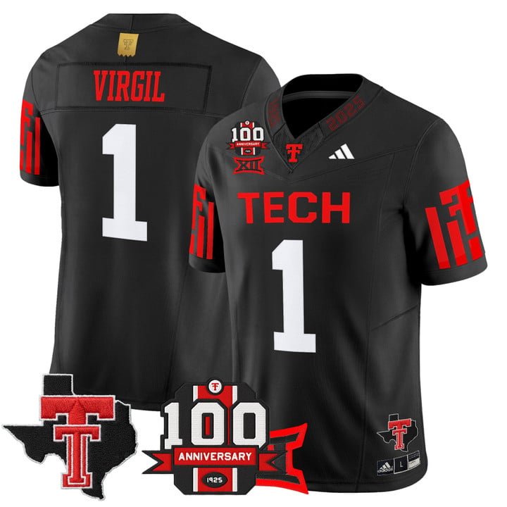 Reggie Virgil Jersey #1 Texas Tech 2025 100th Anniversary Patch Stitched Black