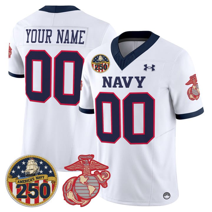 Custom Navy Midshipmen Jersey Name, Number USMC 250th Patch Stitched White