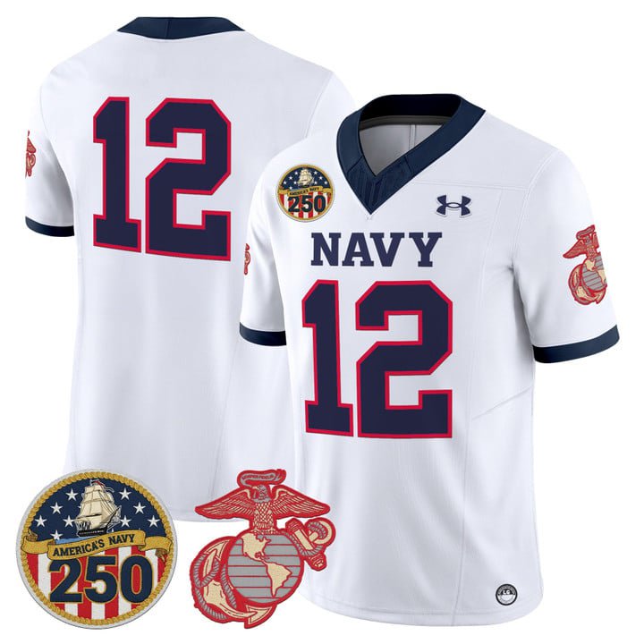 12th Man Jersey #12 Navy Midshipmen USMC 250th Patch Stitched White