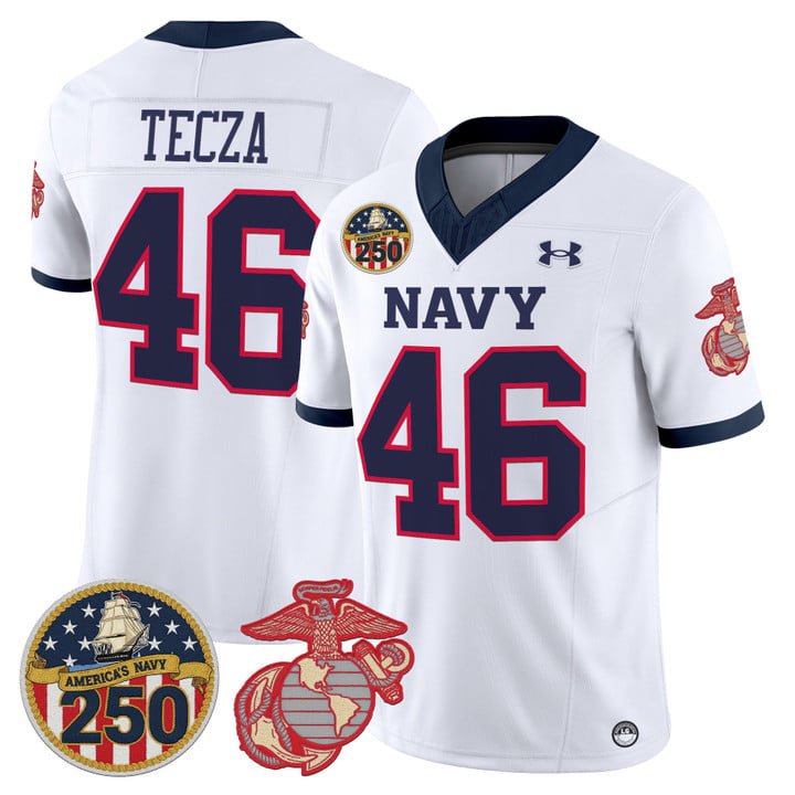 Alex Tecza Jersey #46 Navy Midshipmen USMC 250th Patch Stitched White