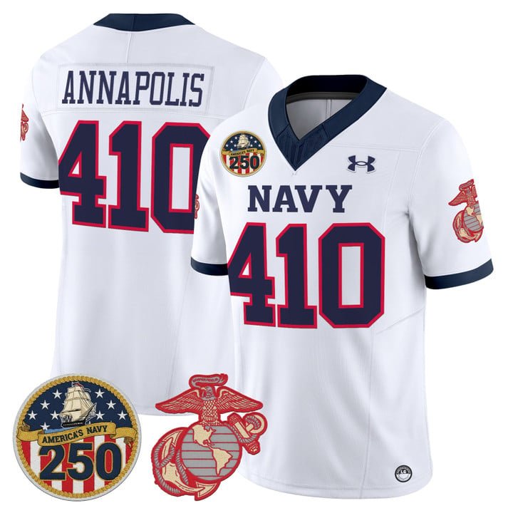 Annapolis Jersey #410 Navy Midshipmen USMC 250th Patch Stitched White