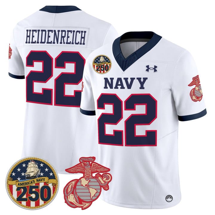 Eli Heidenreich Jersey #22 Navy Midshipmen USMC 250th Patch Stitched White