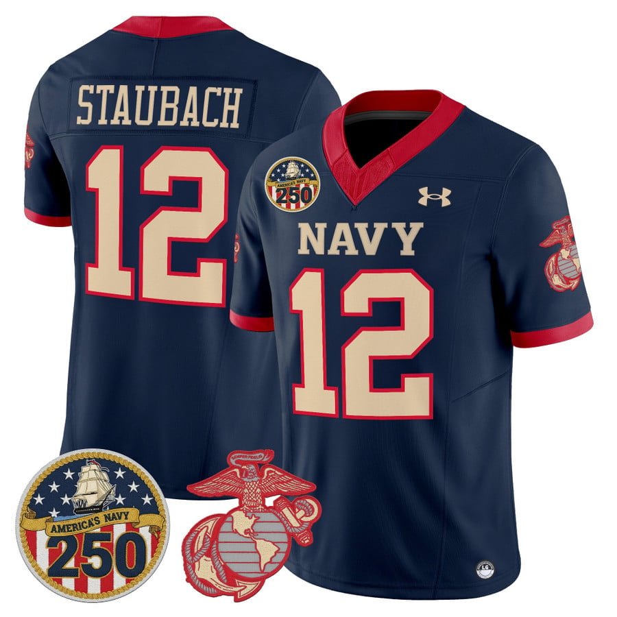Roger Staubach Jersey #12 Navy Midshipmen USMC 250th Patch Stitched Navy
