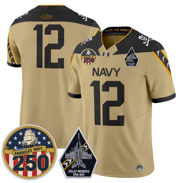 12th Man Jersey #12 Navy Midshipmen Jolly Rogers 250th Patch Stitched Gold