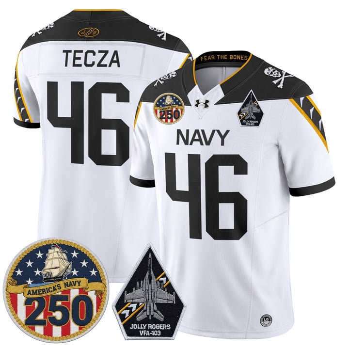 Alex Tecza Jersey #46 Navy Midshipmen Jolly Rogers 250th Patch Stitched White