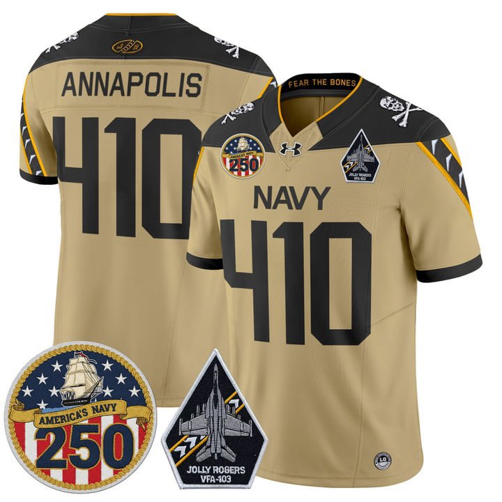 Annapolis Jersey #410 Navy Midshipmen Jolly Rogers 250th Patch Stitched Gold