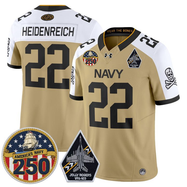 Eli Heidenreich Jersey #22 Navy Midshipmen Jolly Rogers 250th Patch Gold Alter