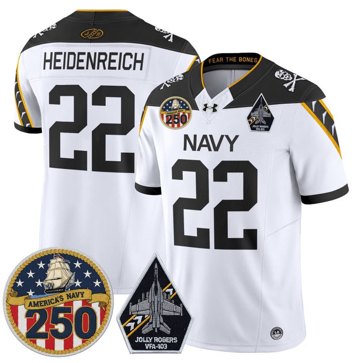 Eli Heidenreich Jersey #22 Navy Midshipmen Jolly Rogers 250th Patch White