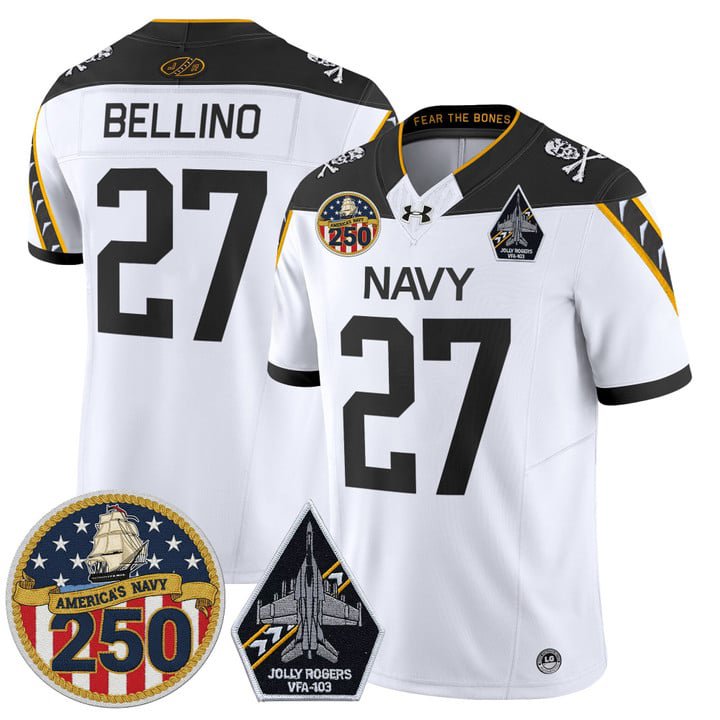 Joe Bellino Jersey #27 Navy Midshipmen Jolly Rogers 250th Patch Stitched White