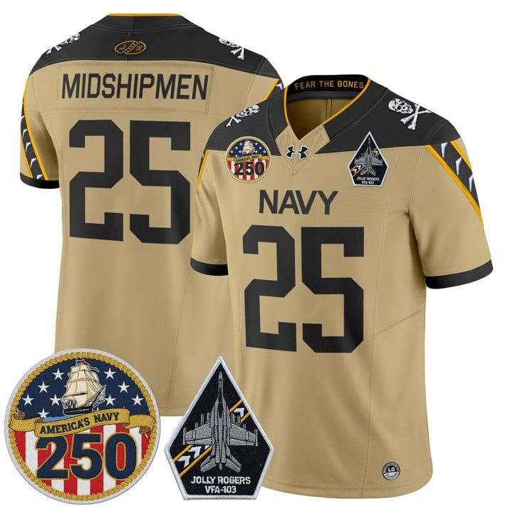 Midshipmen Jersey #25 Navy Midshipmen Jolly Rogers 250th Patch Stitched Gold