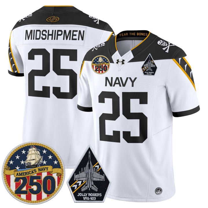 Midshipmen Jersey #25 Navy Midshipmen Jolly Rogers 250th Patch Stitched White