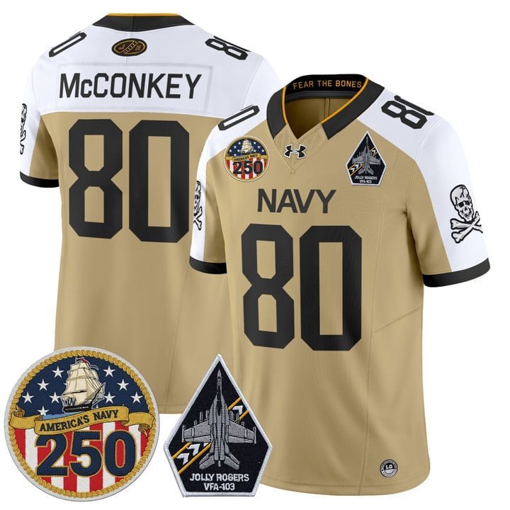 Phil McConkey Jersey #80 Navy Midshipmen Jolly Rogers 250th Patch Gold Alt.er