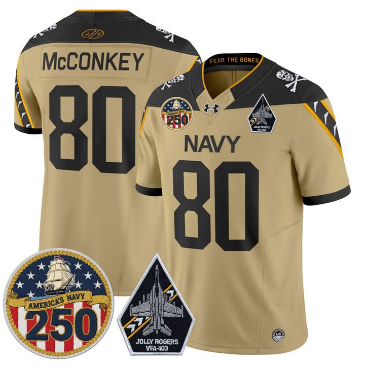 Phil McConkey Jersey #80 Navy Midshipmen Jolly Rogers 250th Patch Stitched Gold