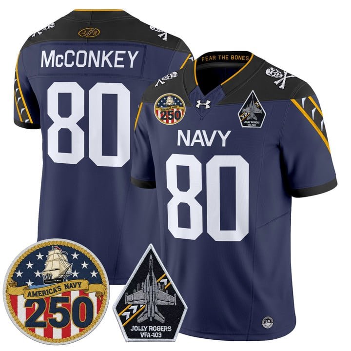 Phil McConkey Jersey #80 Navy Midshipmen Jolly Rogers 250th Patch Stitched Navy