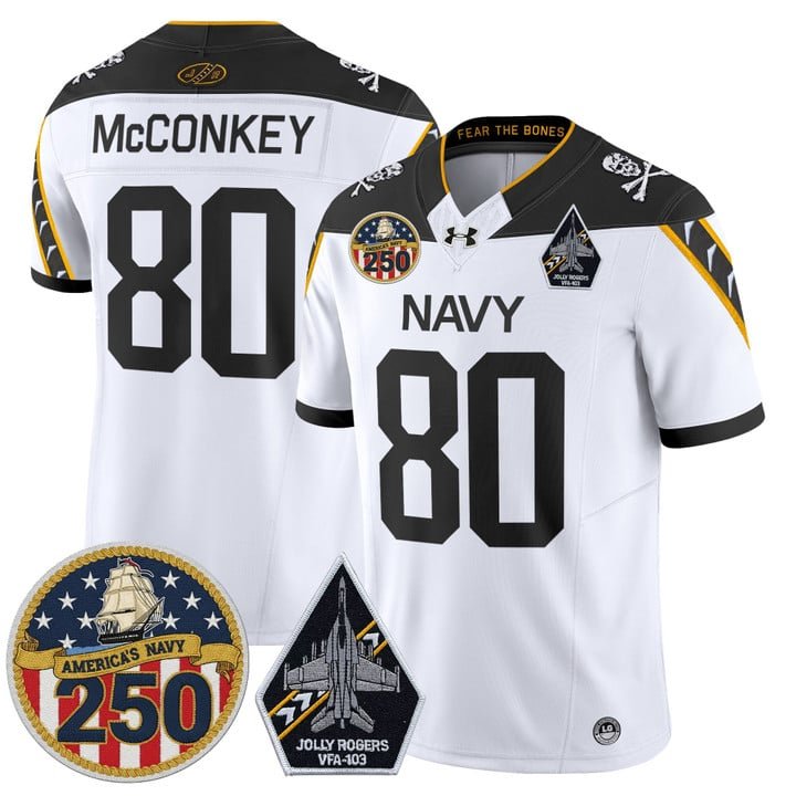 Phil McConkey Jersey #80 Navy Midshipmen Jolly Rogers 250th Patch Stitched White