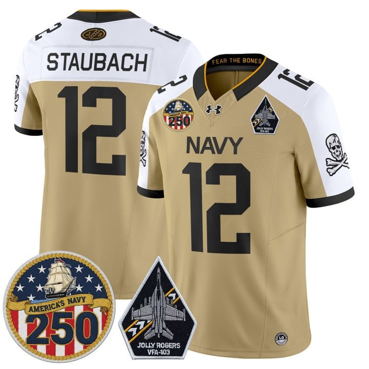 Roger Staubach Jersey #12 Navy Midshipmen Jolly Rogers 250th Patch Gold A.lter