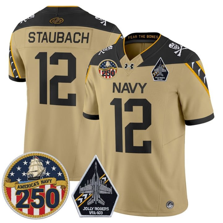 Roger Staubach Jersey #12 Navy Midshipmen Jolly Rogers 250th Patch Gold