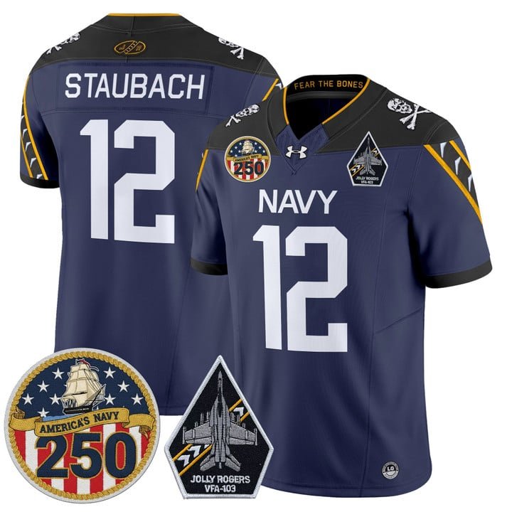 Roger Staubach Jersey #12 Navy Midshipmen Jolly Rogers 250th Patch Navy