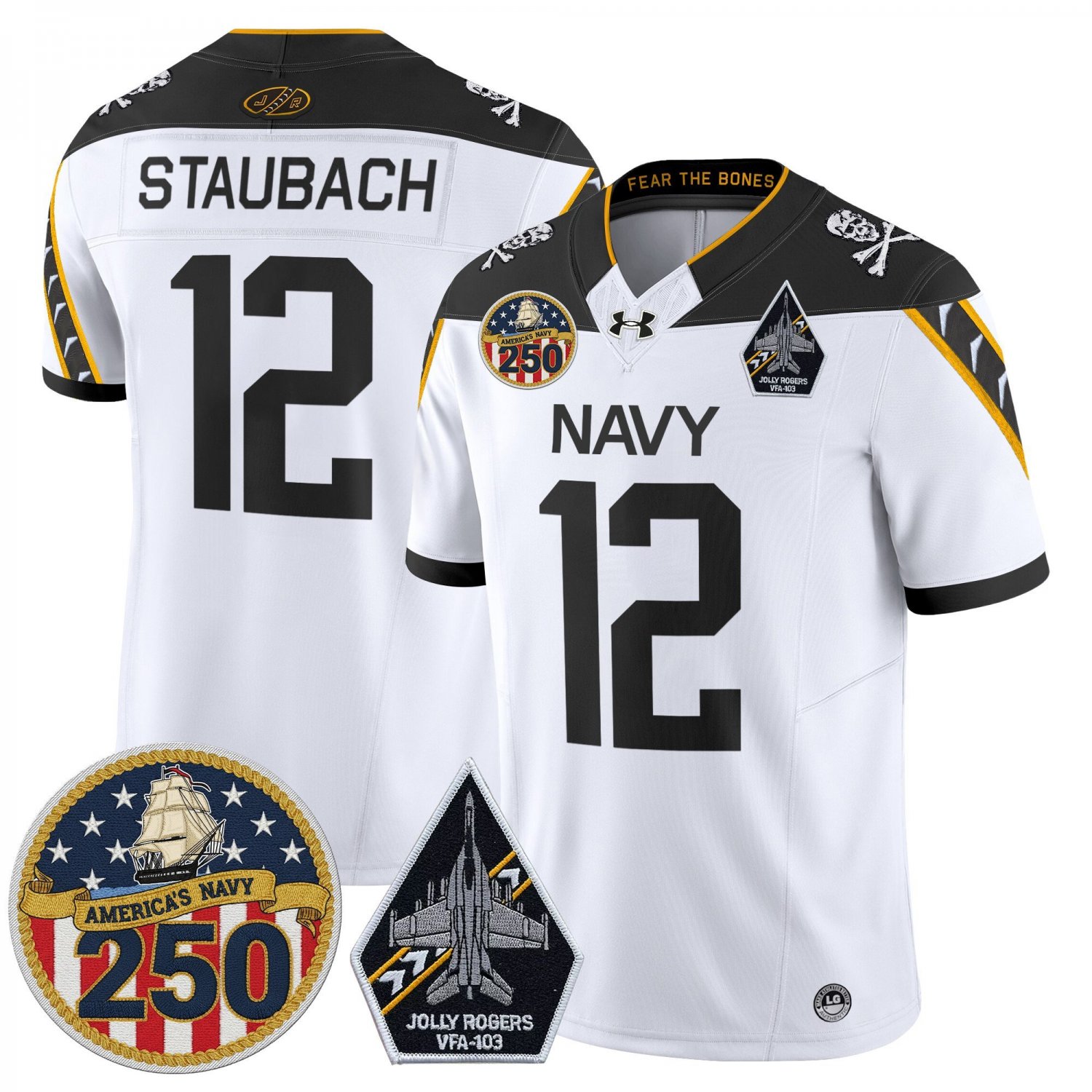 Roger Staubach Jersey #12 Navy Midshipmen Jolly Rogers 250th Patch White