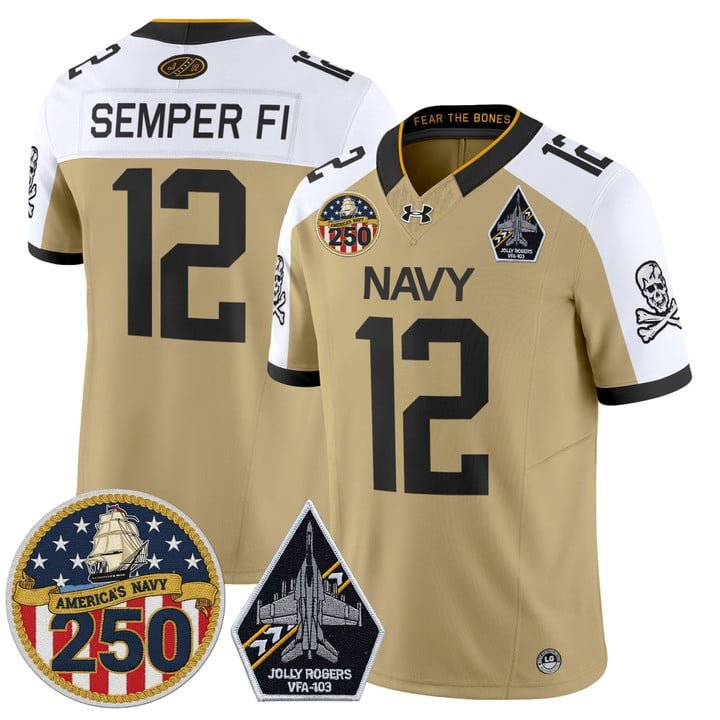 Semper Fi Jersey #12 Navy Midshipmen Jolly Rogers 250th Patch Stitched Gold Alt.er
