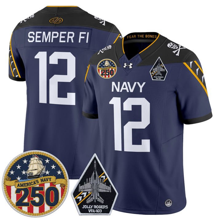 Semper Fi Jersey #12 Navy Midshipmen Jolly Rogers 250th Patch Stitched Navy