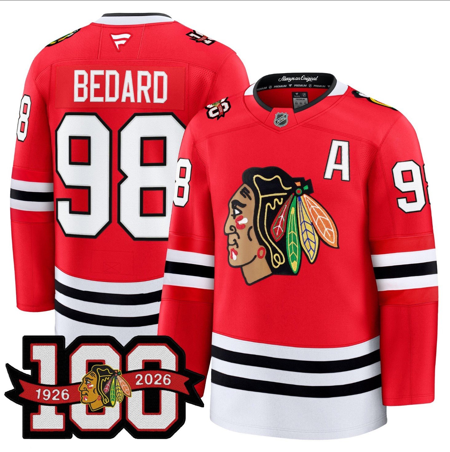 Connor Bedard Jersey #98 Chicago Blackhawks 2025-26 Premium 100th Stitched Red