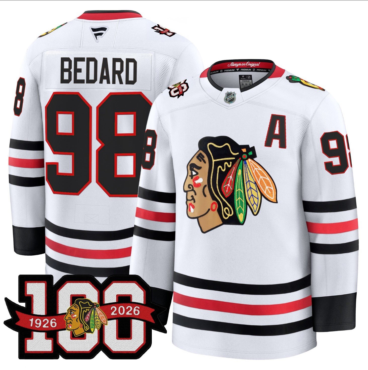 Connor Bedard Jersey #98 Chicago Blackhawks 2025-26 Premium 100th Stitched White