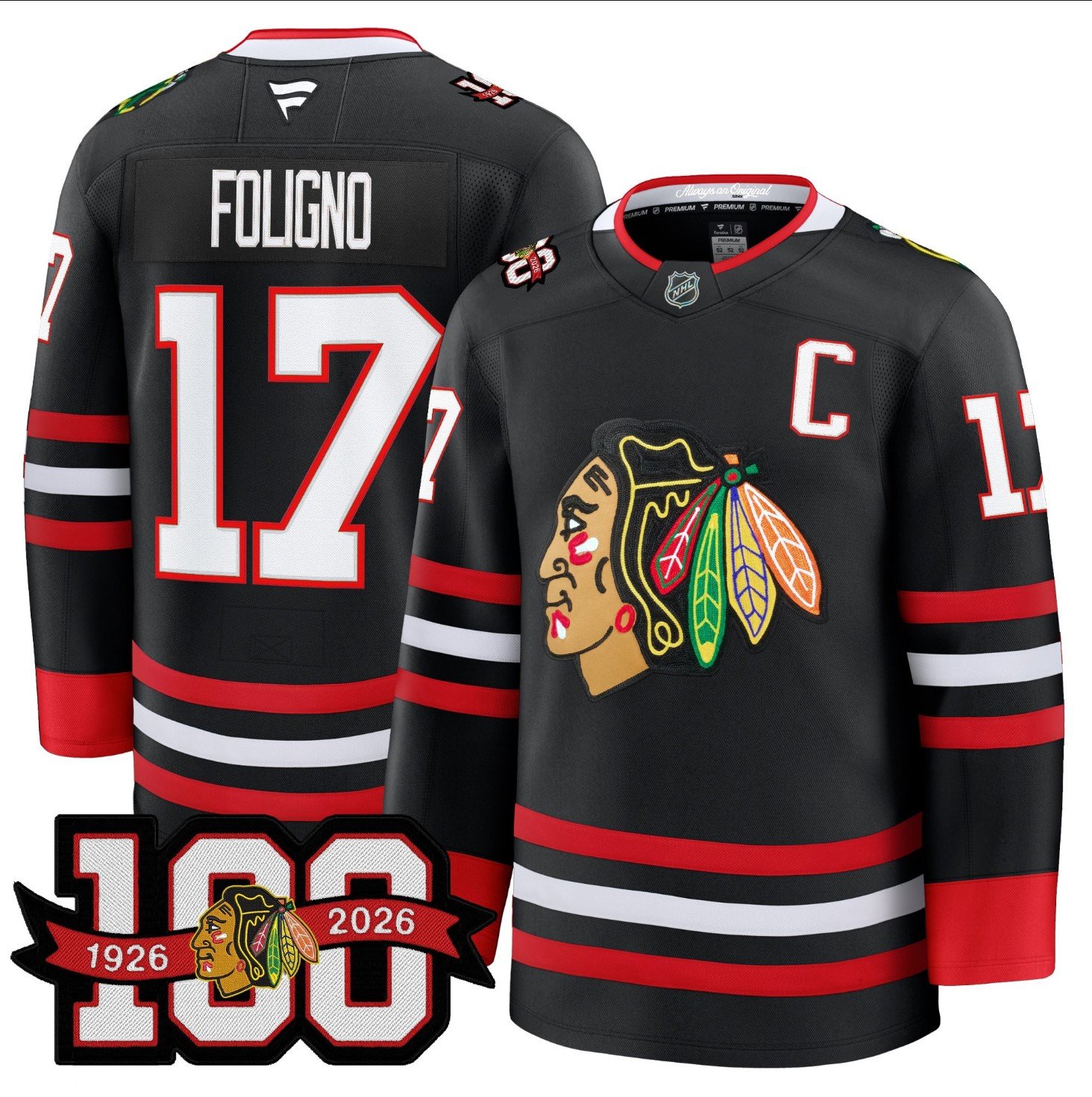Nick Foligno Jersey #17 Chicago Blackhawks 2025-26 Premium 100th Stitched Black