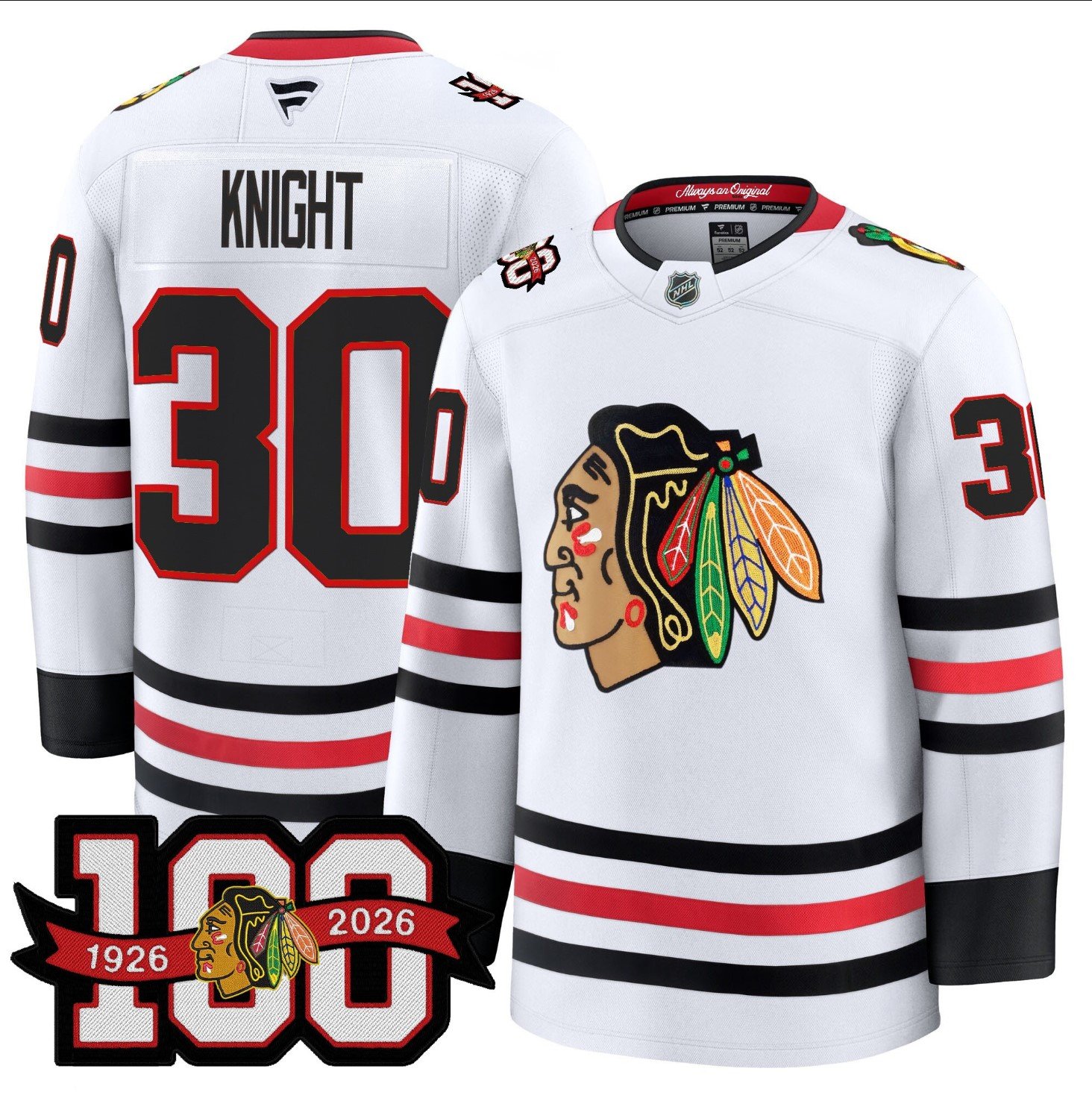 Spencer Knight Jersey #30 Chicago Blackhawks 2025-26 Premium 100th Stitched White