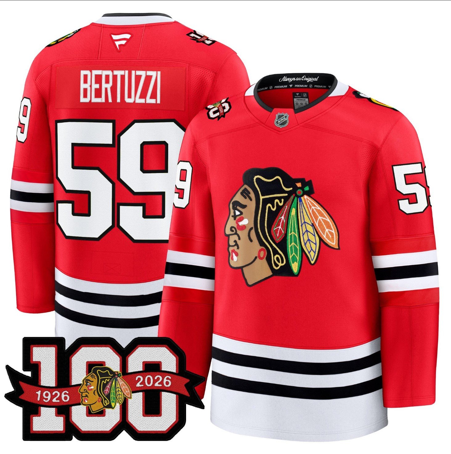 Tyler Bertuzzi Jersey #59 Chicago Blackhawks 2025-26 Premium 100th Stitched Red