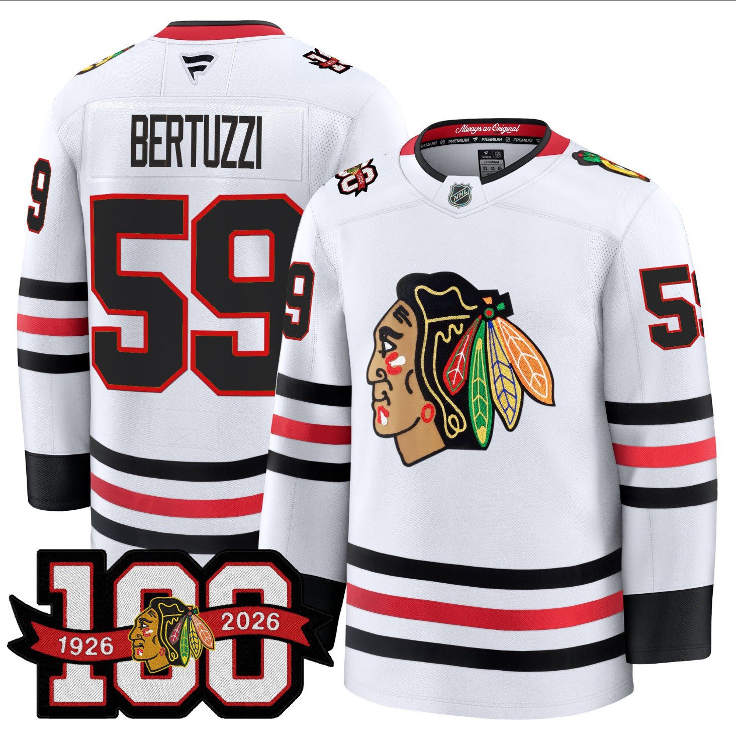 Tyler Bertuzzi Jersey #59 Chicago Blackhawks 2025-26 Premium 100th Stitched White