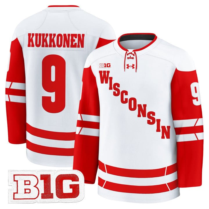 Kyle Kukkonen Jersey #9 Wisconsin Badgers 2025-26 Premium Stitched White