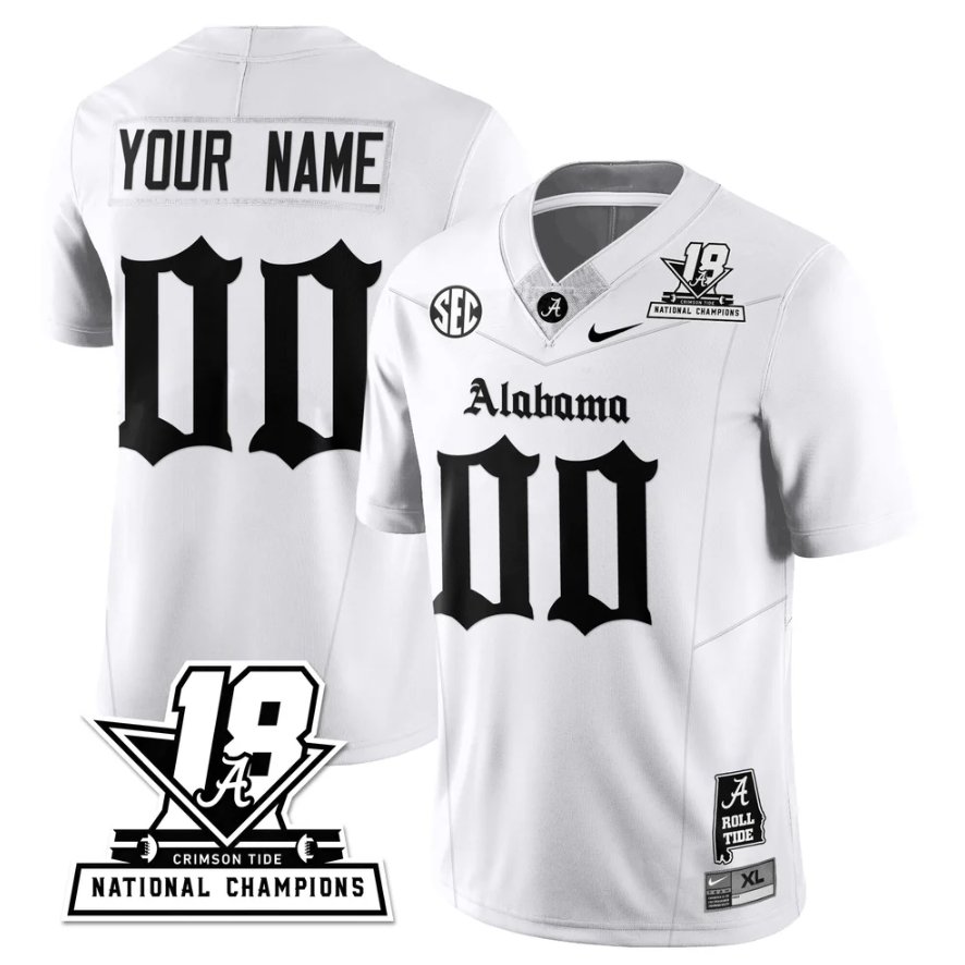 Custom Crimson Jersey 18x-Time National Champions Gothic Stitched White