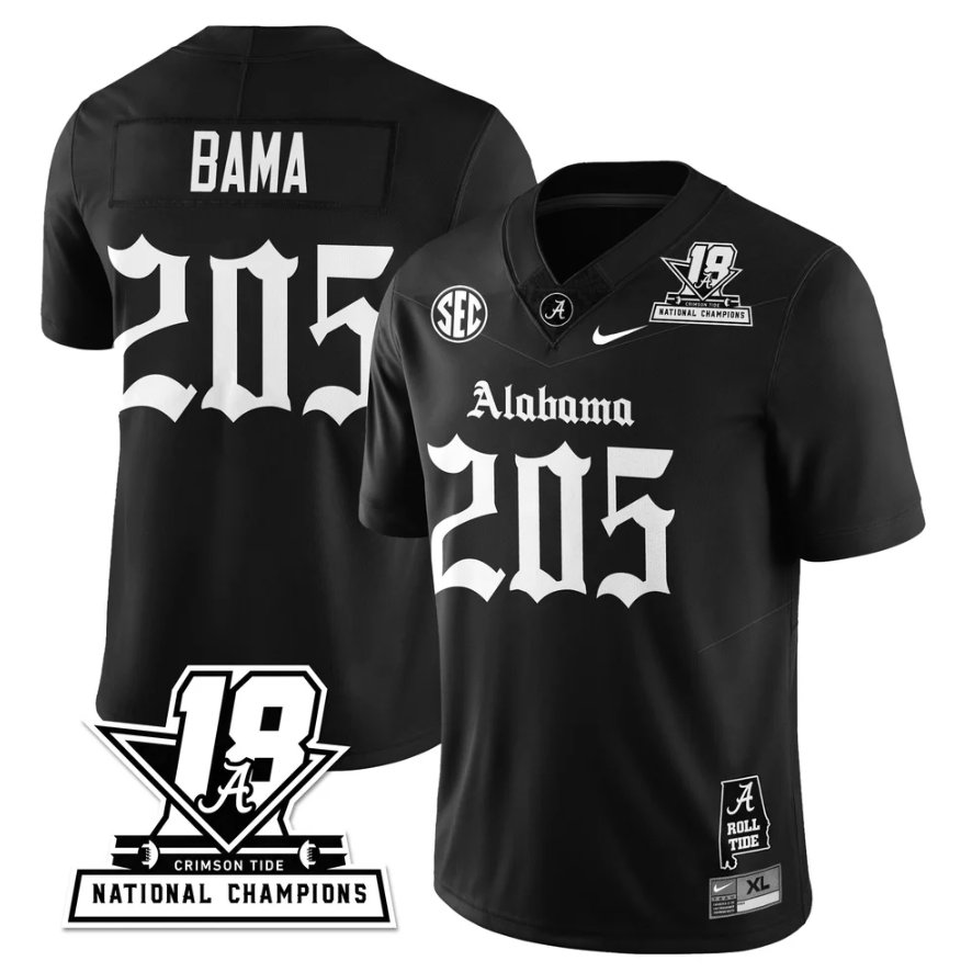 Bama Jersey #205 Alabama Crimson 18x-Time National Champions Gothic Stitched Black