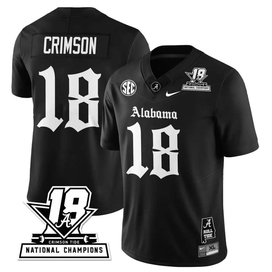 Crimson Jersey #18 Alabama Crimson 18x-Time National Champions Gothic Black