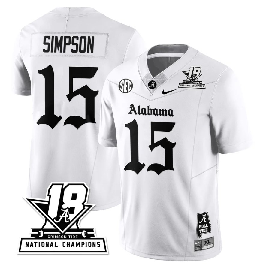 Ty Simpson Jersey #15 18x-Time National Champions Gothic White