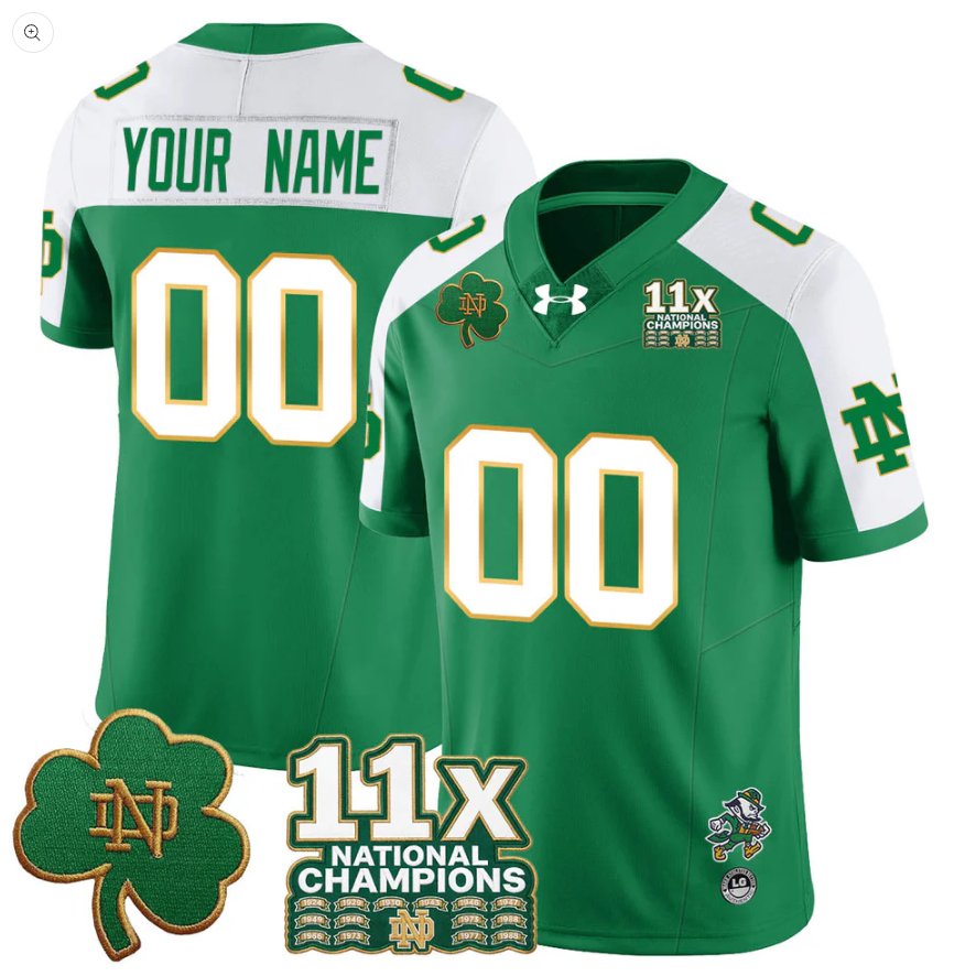 Custom Notre DJersey Name, Number 11x-Time National Champions Stitched Green Alter