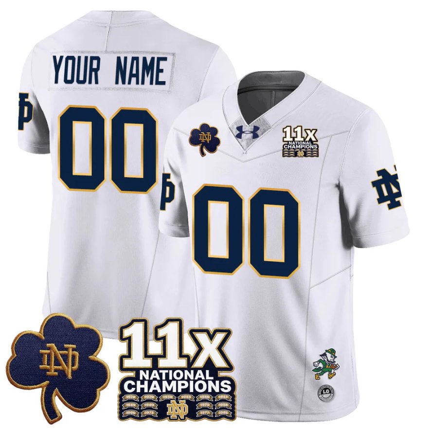 Custom Notre D Jersey Name, Number 11x-Time National Champions Stitched White