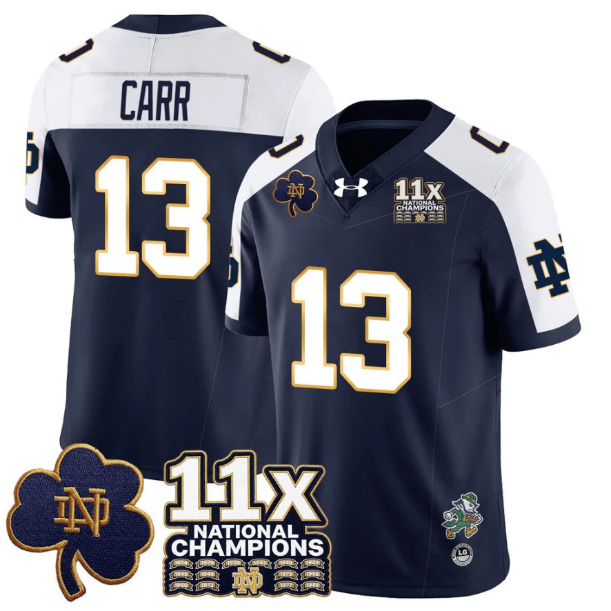 CJ Carr Jersey #13 Notre 11x-Time National Champions Stitched Navy Alter
