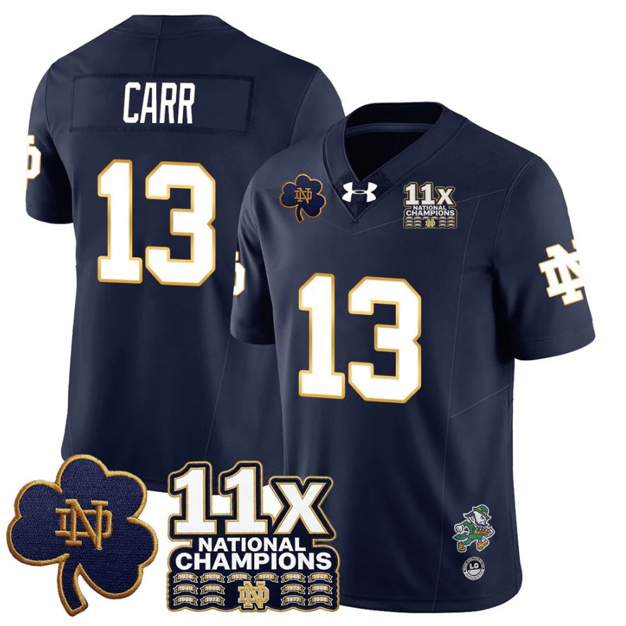 CJ Carr Jersey #13 Notre 11x-Time National Champions Stitched Navy