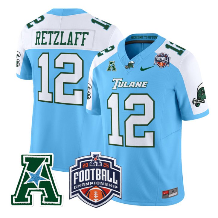 Jake Retzlaff Jersey #12 Tulane Green Wave 2025 AAC Championship Stitched Blue Alter