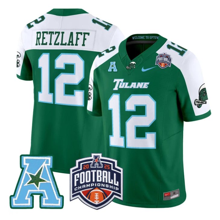 Jake Retzlaff Jersey #12 Tulane Green Wave 2025 AAC Championship Stitched Green Alter